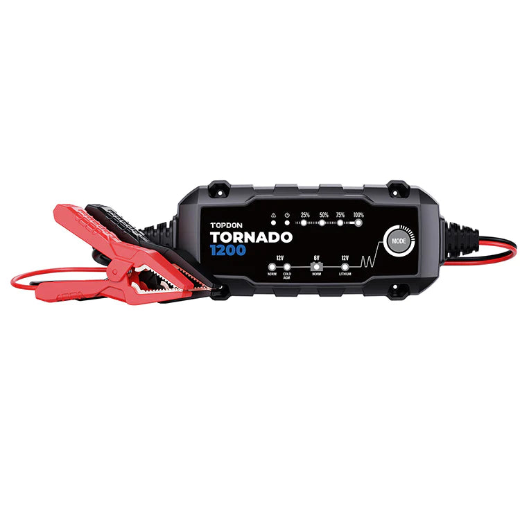 Topdon TORNADO1200 compact 12V battery charger front view.