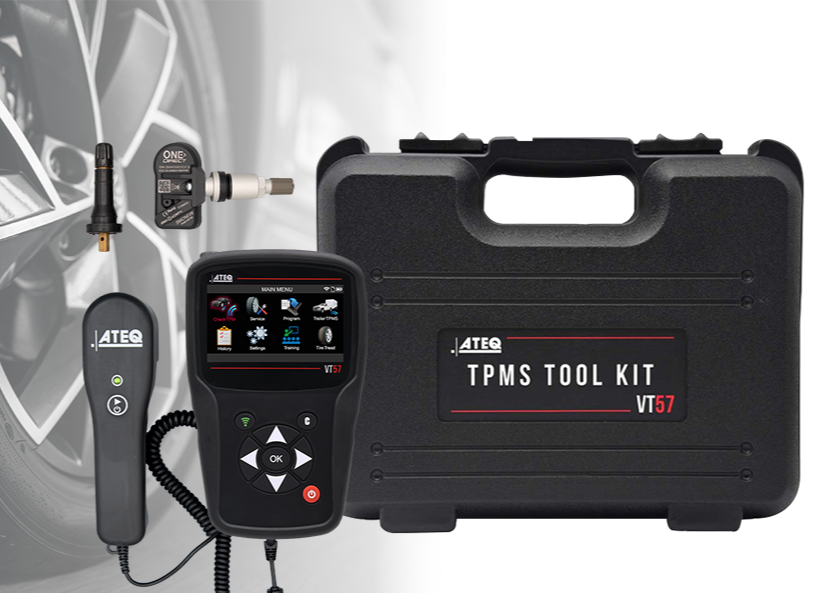 ATEQ VT57 Case, VT57 tool, Tread Depth Tool Gauge, and Siming One TPMS Sensors. Contains the cords and OBD2 connector for VT57 tool. TPMS Tools.
